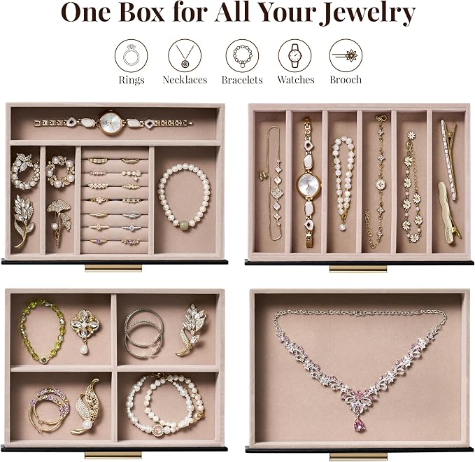pickpiff Jewelry Box Organizer Case for Women: 4-Layer Jewelry Storage Case with Glass Window, Black Leather with Blush Velvet, Holder for Ring Necklace Bracelet Brooch Watch, Great Gift for Her - Image 2