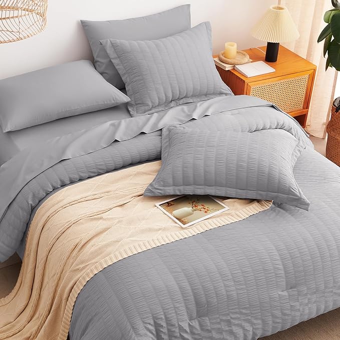 CozyLux King Size Comforter Set Grey Seersucker 7 Pieces Bed in a Bag King Comforter Set with Sheets, Gray Luxury Soft Bedding Sets with Down Alternative Comforter, Sheets, Pillowcases & Shams