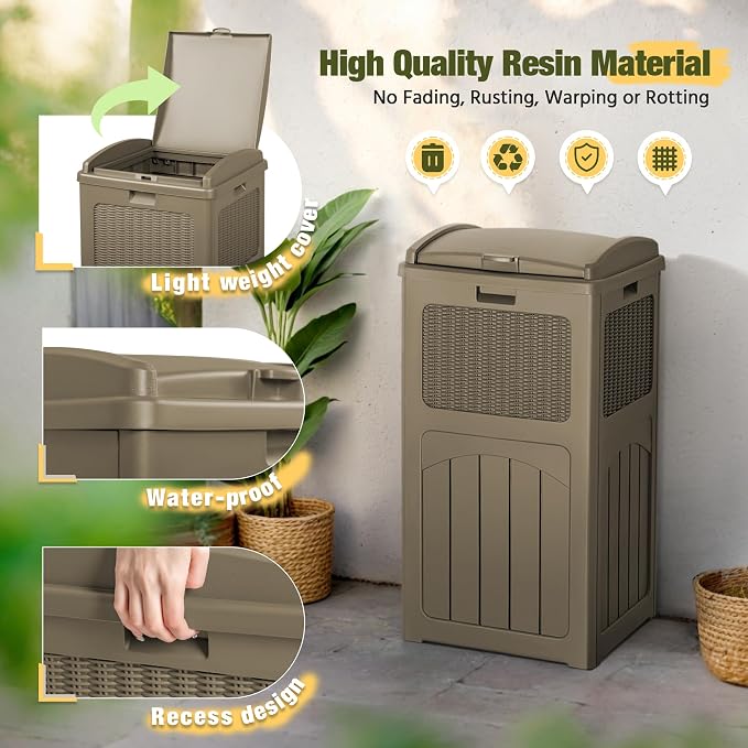 Devoko 33 Gallon Outdoor Trash Can, Hideaway Garbage Bins with Tiered Lid, Waterproof Resin Outside Waste Bins for Patio, Outside Pool, Backyard and Deck (1, Brown) - Image 2