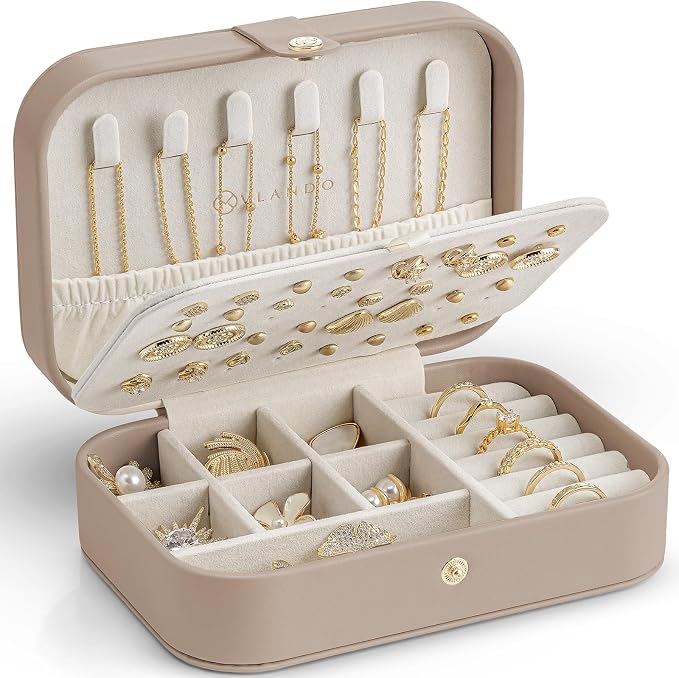 VLANDO Travel Jewelry Case for Women Girls Mothers, PU Leather Small Jewelry Box for Rings, Necklaces, Bracelets, Earring Holder Organizer Storage for Travel Accessories, Valentines Gift - Toffee by VLANDO