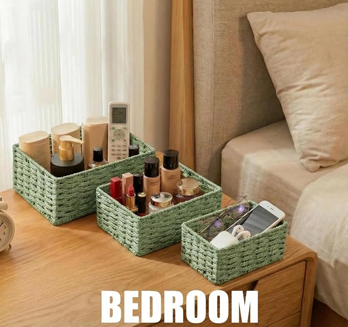 Small Wicker Basket for Organizing, Woven Storage Basket Set of 3 - Handwoven Natural Paper Rope Baskets to Declutter Any Room, Perfect for Organizing and Home Decor (Green) - Image 3