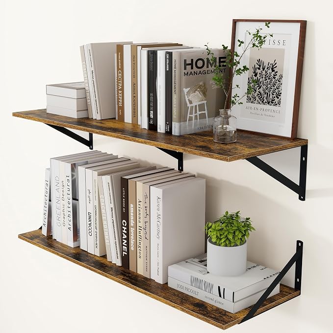 Heimlove Deep Floating Shelves for Wall, 36W x 12D Wood Wall Shelves Set of 2, Wide Floating Bookshelf for Living Room, Kitchen, Office, Bedroom and Decor Storage, with Metal Bracket - Rustic Brown by Heimlove