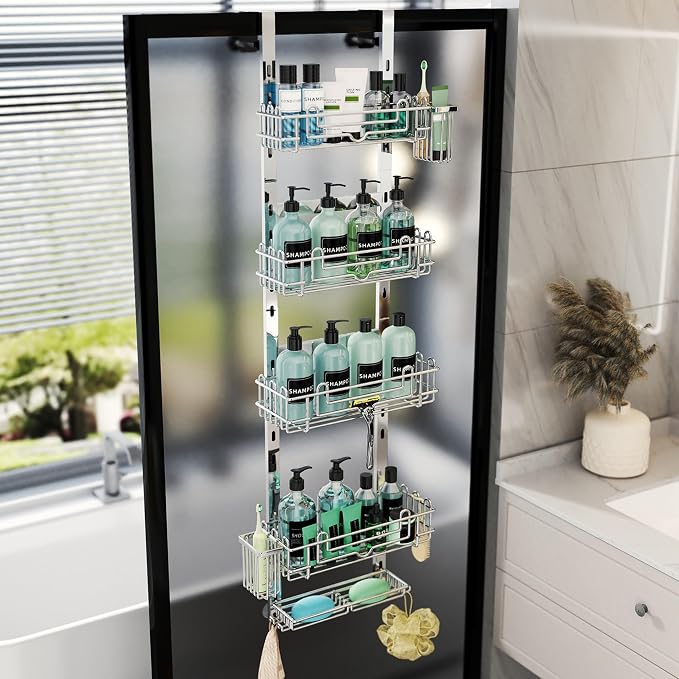 HapiRm 5 Tier Over the Door Shower Caddy, Hanging Shower Caddy with 28 Hooks and 2 Toothbrush Holders, No Drilling Adjustable Hanging Bathroom Organizer - Silver - Image 7