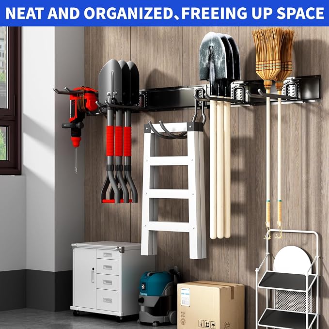 Shed Tool Organizer Wall Mount, 64inch Heavy Duty Garden Tool organizer Storage System, Easy Install With 10 Adjustable Hooks, For Garage, Basement, Shed, Workshop(Black) - Image 6
