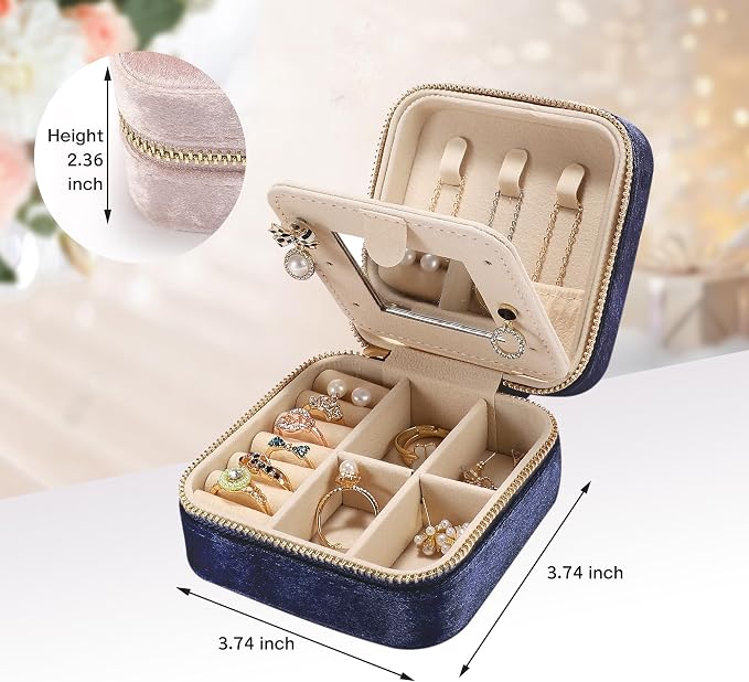 Plush Velvet Travel Jewelry Box for Women & Girls - Small Portable Organizer, Storage Case for Rings, Earrings, Necklaces & Bracelets – Ideal Gift for Travel & Occasions (Dark blue) - Image 2