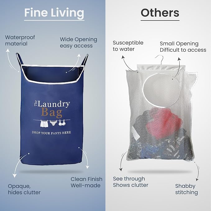 Fine Living Co. Large Hanging Laundry Hamper with Over Door Hooks & Adhesive, Durable Space Saving Laundry Bag with Zipper and Wide Open Top, Hanging Dorm Laundry Hamper (Navy Blue with Print-XL) - Image 6
