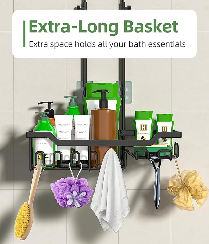 Shower Caddy Hanging Organizer, Extra Large Rack Over Showerhead with Hooks, Adjustable Height Shower Caddy for Big Shampoo Bottle, Black - Image 5