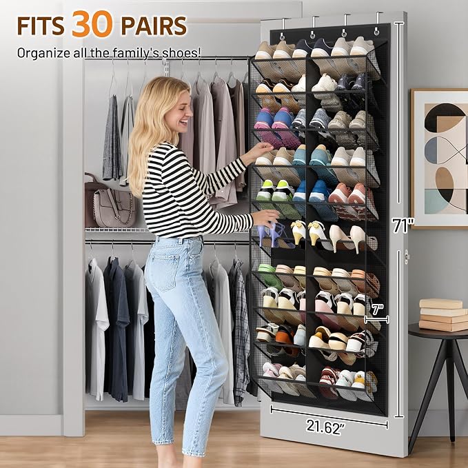MISSLO 30 Pairs Over the Door Shoe Organizer Breathable Mesh Hanging Shoe Rack for Closet Storage with Wide Deep Pockets 10 Tier Shoes Holder Fit All the Family's Sneakers, Boots, Heels (Black, 71") - Image 2