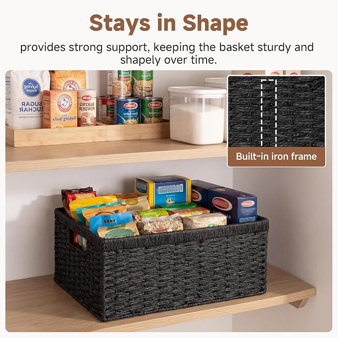 StorageWorks Wicker Storage Baskets for Organizing, Wicker Basket with Handles, Decorative Storage Baskets for Shelves, Black Paper Rope, 2 Pack - Image 5