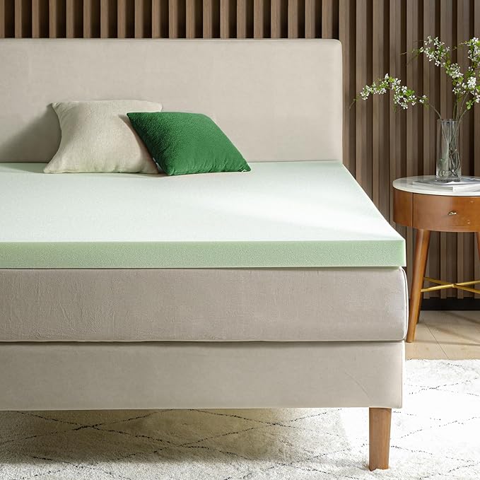 ZINUS 3 Inch Green Tea Memory Foam Mattress Topper, Pressure-Relieving Layer, Ideal for Back Pain Relief, Compact WONDERBOX Packaging, CertiPUR-US Certified, Queen