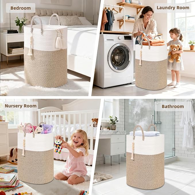 Woven Laundry Basket for Clothes, 50L Large Rectangle Laundry Hampers with Beads Tassel, Nursery Storage Basket for Toys, Tall Dirty Clothes Hamper for Bedroom Aesthetic, Laundry Room Organization - Image 5