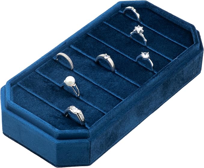 Velvet Ring Organizer Display Tray Jewelry Box Earring Holder Case for Wedding Birthday Christmas Day (Dark Blue) - Image 3