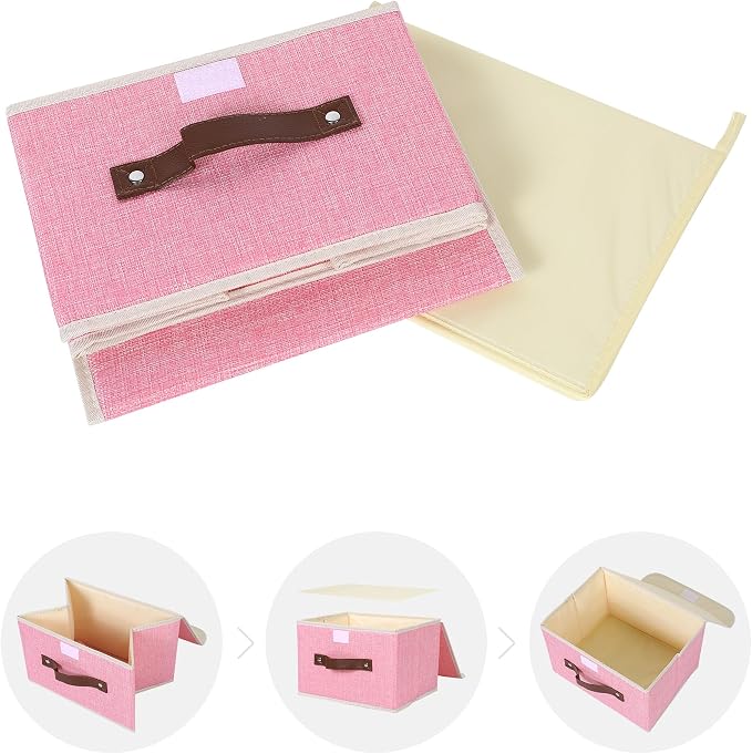 ANMINY Storage Bin with Lid Storage Boxes with PU Leather Handles PP Plastic Board Decorative Foldable Lidded Cotton Linen Fabric Home Cubes Baskets Closet Organizer Container - Pink, Small Size - Image 8