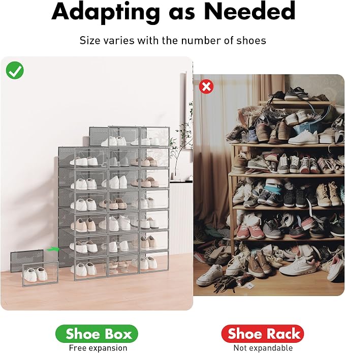Foluck Shoe Storage Box, 15 Pack Clear Plastic Stackable Shoe Organizer for Closet, Interlocking Design Shoe Container Bins for Sneakers, Foldable Shoe Rack with Lids, Gray - Image 4
