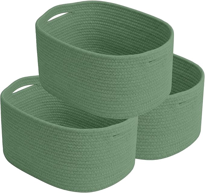ECDYQXVU Cotton Rope Storage Basket, 15x10x9 Inches, Woven Basket for Shelves, Clothes, Towels, Books, and Laundry, Green (3 Pack) by ECDYQXVU
