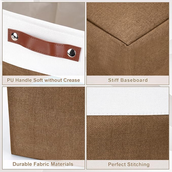 Bagnizer 13x13 Cube Storage Bins, Collapsible Fabric Storage Box, 4 Pack Closet Baskets with Handles for Organizing, Shelf, Toys, Clothes, Home, Office, Nursery (Brown&White) - Image 6