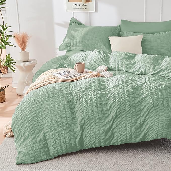 HYMOKEGE Sage Green California King Comforter Set Seersucker 7 Pieces, All Season Luxury Bed in a Bag for Bedroom, Bedding Set with Comforters, Sheets, Pillowcases & Shams