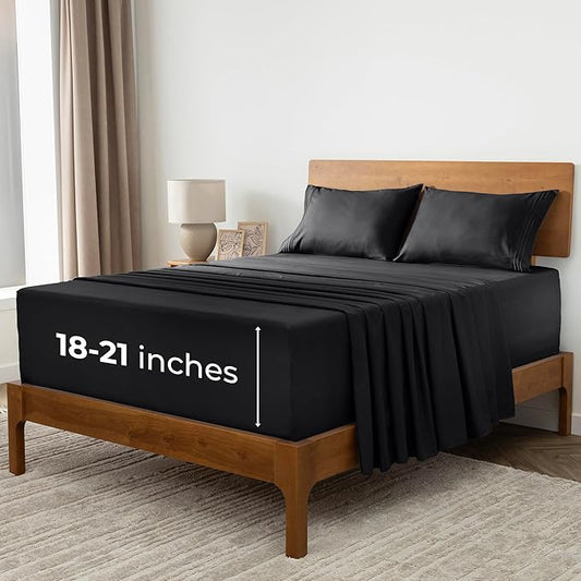 Mellanni Extra Deep King Sheets - 4 PC Iconic Collection Bedding - Hotel Luxury, Ultra Soft, Cooling Bed Sheets - Wrinkle, Fade, Stain Resistant (King, Black)