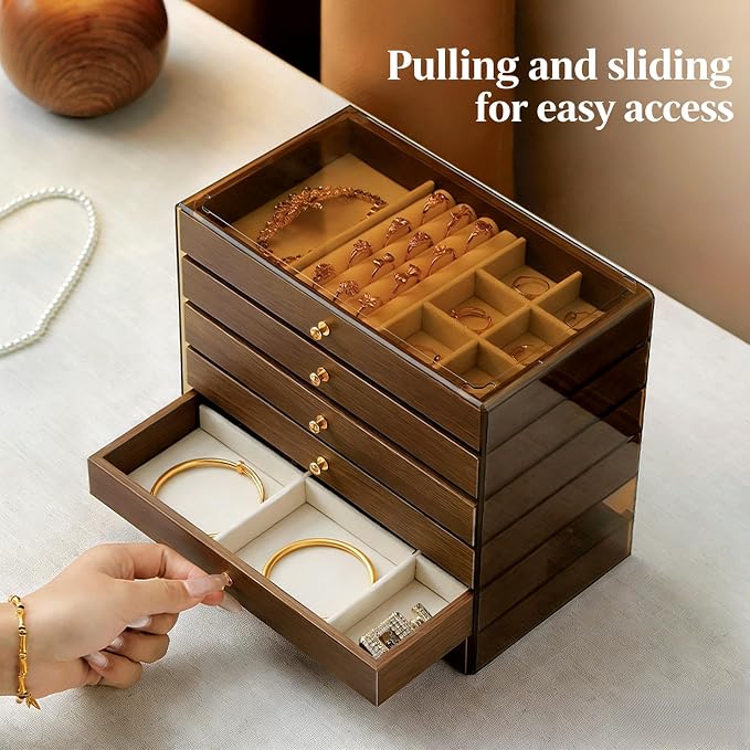 Wooden Jewelry Box Organizers and Storage for Girls Women 6 Drawers Multi-Layer Storage Case for Rings Earrings Necklaces Bracelets Vintage Box - Image 4