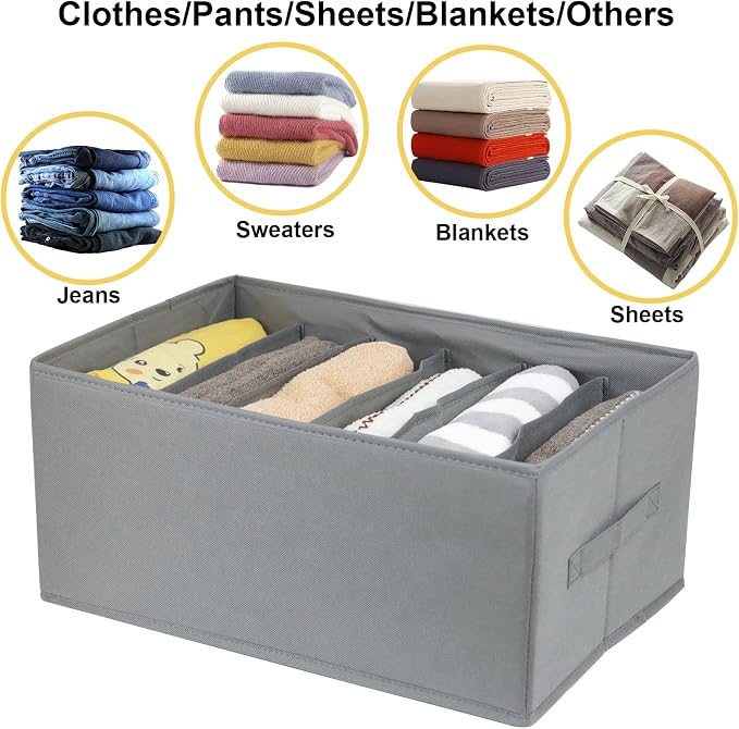 Fordonral Extra Large Clothes Closet Organizer 6 Compartments for Jean Sweater Sheets to Shirt - Divided Clothing Storage Boxes for Closet, Wordrobe, Bedroom, Shelf (4pc Gray) - Image 2