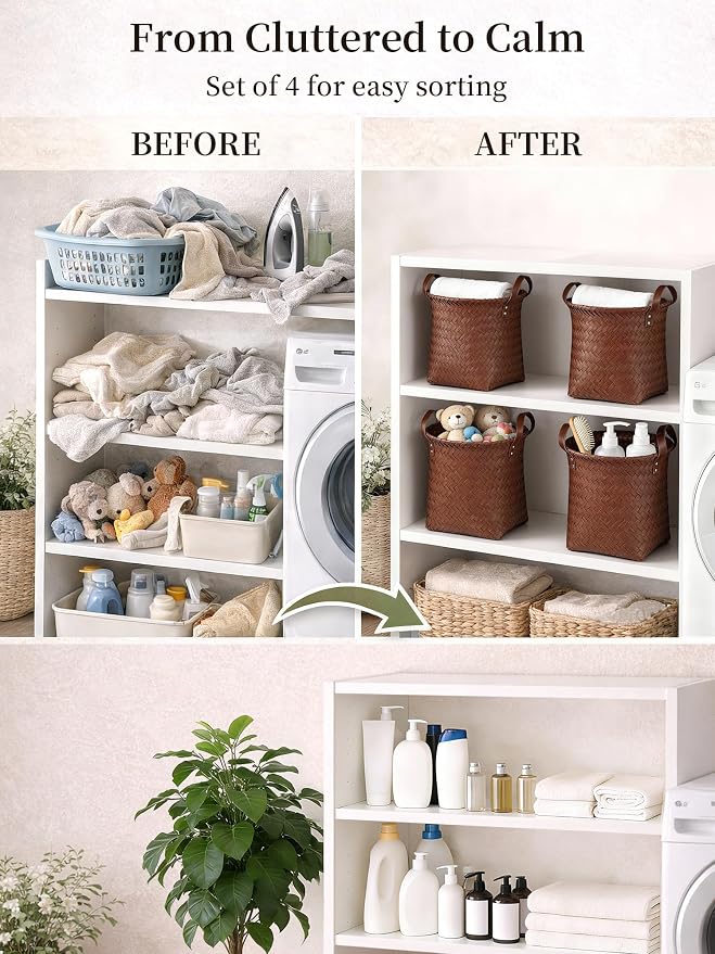 Hand Woven Baskets for Storage, 4Pcs Water-Resistant Wicker Baskets, Brown Wicker Storage Baskets for Shelves, Large Basket with Handle for Organizing, Closet, Laundry, Blanket - Round - Image 4