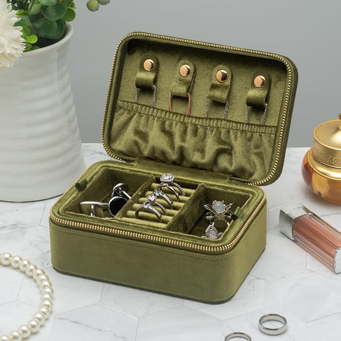 Velvet Travel Jewelry Organizer Box with Zipper Around Portable Accessory Display Tray Holder Storage Case for Multiple Earrings Rings Necklaces Bracelets (Olive Green) - Image 7
