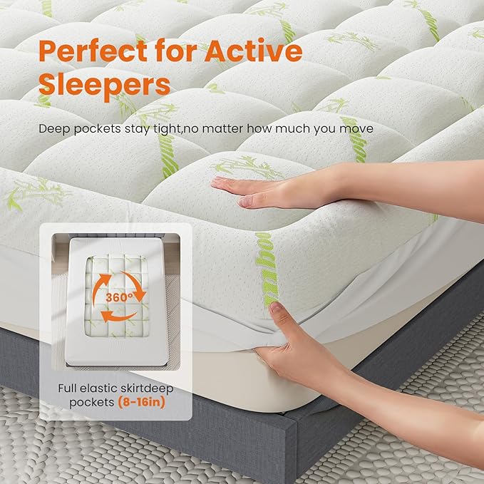 DUMOS Queen Size Ultra Soft Mattress Topper, Viscose Derived from Bamboo, Pillow Top Mattress Pad with Stretchable Pockets, Breathable Cooling Topper for Back Pain Relief