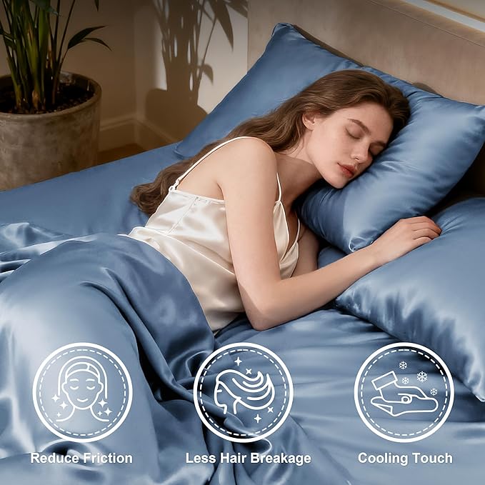 Love's cabin Satin Queen Sheets Set - 4 Piece Ash Blue Silky Bed Sheets Set with Deep Pocket, Luxury Silk Feel Satin Queen Size Sheet Set (1 Flat Sheet,1 Fitted Sheet,2 Pillow Cases)
