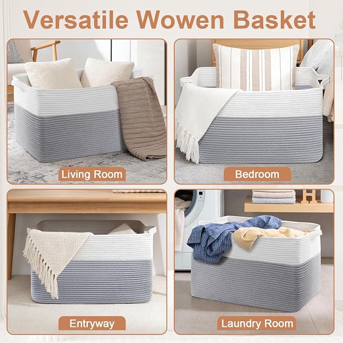 105L XXXL Large Blanket Basket, Rectangular Cotton Rope Basket, Laundry Hamper for Blankets, Pillows, Extra Large Toys Storage Bins for Kids, Dogs 25" x 16" x 16", White & Gray - Image 6