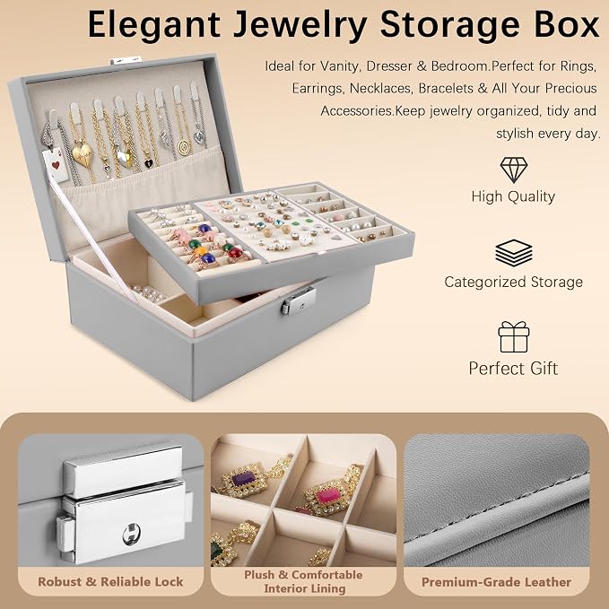 Homeanda Jewelry box 2 layer Jewelry box Leather Jewelry boxes for Women Girls Teens Jewelry organizer box Jewelry Storage box with lock(Grey) - Image 4