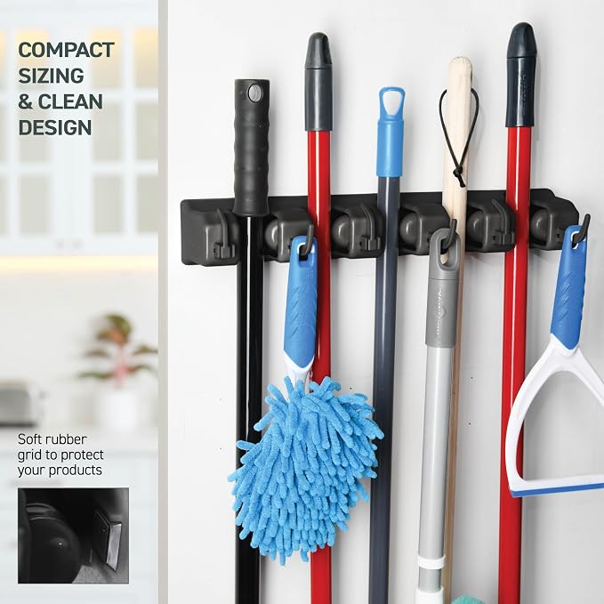 2 Pack Mop and Broom Holder Wall Mount - Garage Storage Organizer with 5 Slots, 6 Hooks, 7.5lbs Capacity Per Slot - Home, Kitchen, Closet, Laundry Room Organization – Black Broom Hanger - Image 4