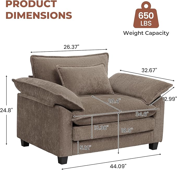 Oversized Accent Chair,Modern Chenille Cloud Sofa Chair with Deep Seat,Upholstered Armchair with Extra Thick,Comfy Accent Chair Reading Chairs for Living Room Bedroom Apartment Brown