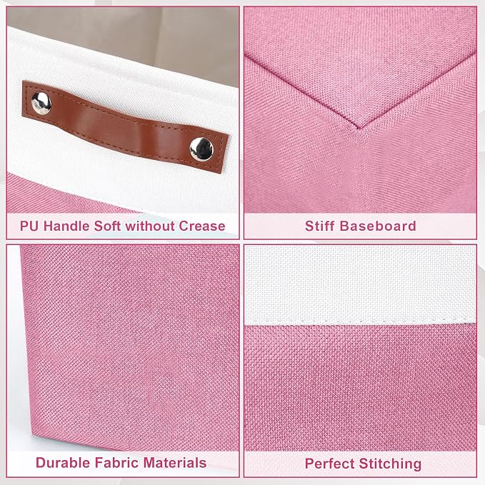 Bagnizer Storage Bins Large Fabric Storage Baskets for Shelves 3 Pack, Decorative Linen Closet Baskets with Handles for Organizing, Shelf, Clothes, Home, Office, 15x11x9.5Inches (Pink&White) - Image 5
