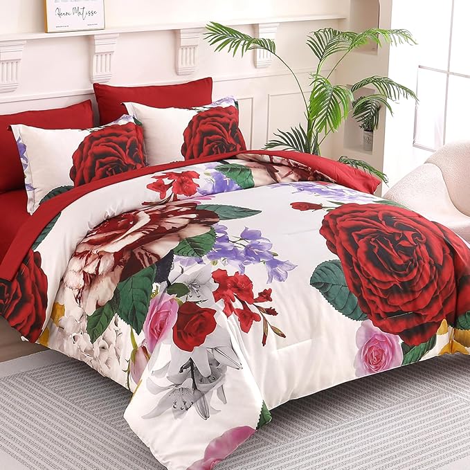Drucon Red Floral Comforter Queen Size 7 Pieces Valentine's Day Bedding Sets Bed in a Bag, Botanical Floral Comforter with Sheet Set, Soft Microfiber Bedding Set for All Season (Red, 90"x90")