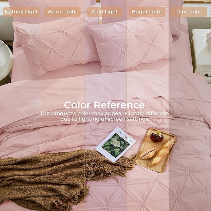 Sasttie Full Size Comforter Set, 7-Piece Bed in a Bag, Pintuck Bedding Set for All Season, Includes Comforter, Flat Sheet, Fitted Sheet, Pillowcases and Pillowshams, Rose Gold