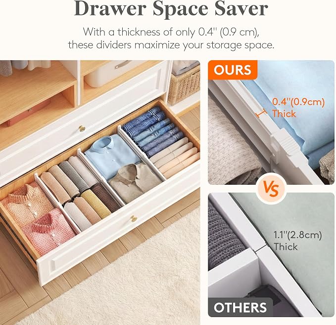 Lifewit 6" Tall 5 Pack Drawer Dividers, 30-47cm/11.5-18.5" Expandable Drawer Divider for Clothes, Adjustable Dresser Drawer Organizers, Drawers Separators for Dresser/Bathroom/Closet/Kitchen White - Image 5