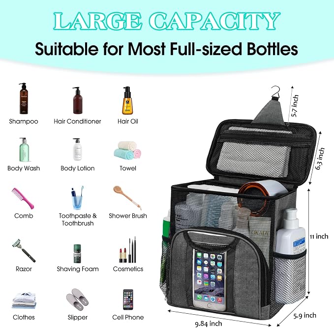 Attmu Mesh Shower Caddy Portable Dorm Tote Bag, Quick Dry Hanging Toiletry Bag, Large Capacity Shower Bag for College Dorm Room Essentials for Boys and Girls for Bath Camping (Gray) - Image 2
