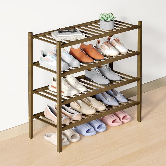 Smiry Bamboo Shoe Rack for Closet, 4 Tier Wooden Stackable Shoe Organizer, Free Standing Shoes Storage Shelf for Entryway, Front Door Entrance, Walnut by Smiry