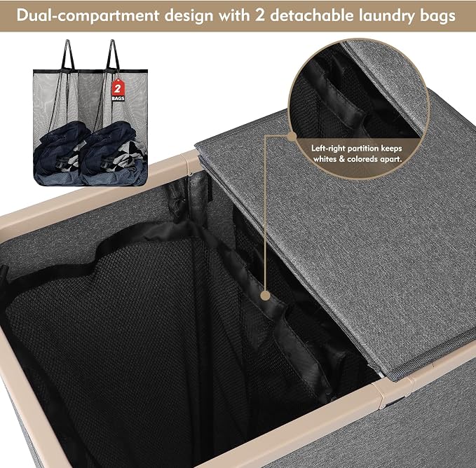 DOKEHOM 160L Double Laundry Basket with Removable Lid and Laundry Bags, Large Collapsible Laundry Hamper with 2 Sections (Dark Grey) - Image 4