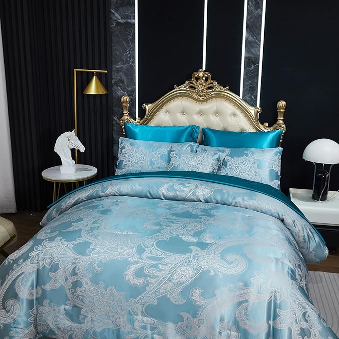 Jacquard Queen Comforter Set Peacock Green Sheet Set Satin Bedding Set 8 Pcs Embroidery Neoclassical Floral Bed Home Decor Soft Down Comforter Luxury Hotel Silky Bed in a Bag with 1 Cushion Cover
