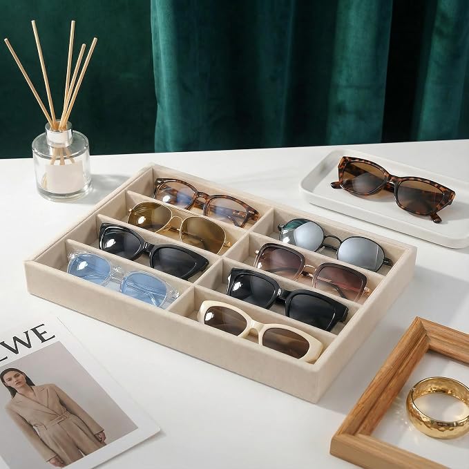 Jewelry Tray Velvet Jewelry Organizer with Clear Lid Transparent Earring Bracelet Organizer Holder Case with Clasp Drawer Insert for Rings Studs Gift for Women Girls (Sunglass Box) - Image 2