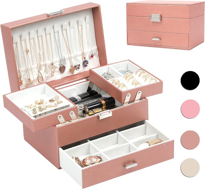 Dajasan Jewelry Organizer Box, Large Jewelry Boxes for Women Girls, Space-Saving 3 Layers Jewelry Storage Case with Drawer, Movable Metal Stand, Modern, Gift Idea (Champagne) by DAJASAN