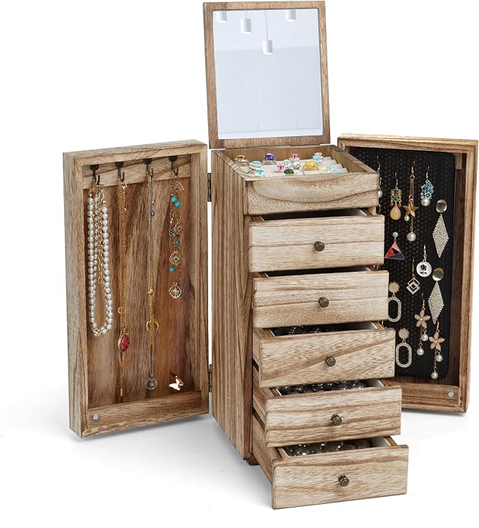 Meangood Jewelry Box Wood for Women, 6-Layer Large Organizer Box with Mirror & 5 Drawers for Rings, Earrings, Necklaces, Vintage Style, Carbonized Black by Meangood