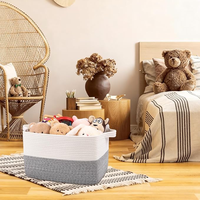 OIAHOMY Woven Storage Basket for Shelves, Rectangle Cotton Rope Baskets for Organizing, 16 x 12 x 10 in, Storage Bins for Dog Toys,Towel,Books,Gift,Grey and White - Image 3