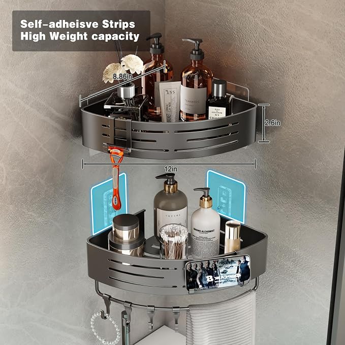 Voldra 2 Pack Corner Shower Shelves, Aluminum Stick On Showers Organizer, Modern Style, Triangular Corner Shelf, No Drilling Required - Image 6
