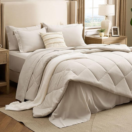 Bedsure 7 Pieces King Comforter Set Premium Series, Hotel Luxury Soft Bed in a Bag, Goose Down Alternative, Safe for Sensitive Skin Bedding Comforter All Season Medium Warmth, Beige King Size