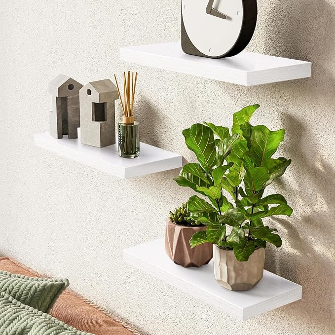 BAYKA White Floating Shelves for Wall Set of 3, Rustic Wood Wall Shelves with Metal Brackets for Bathroom, Bedroom, Kitchen, or Living Room Decor Organization, Sturdy Storage with 22lb Capacity - Image 6