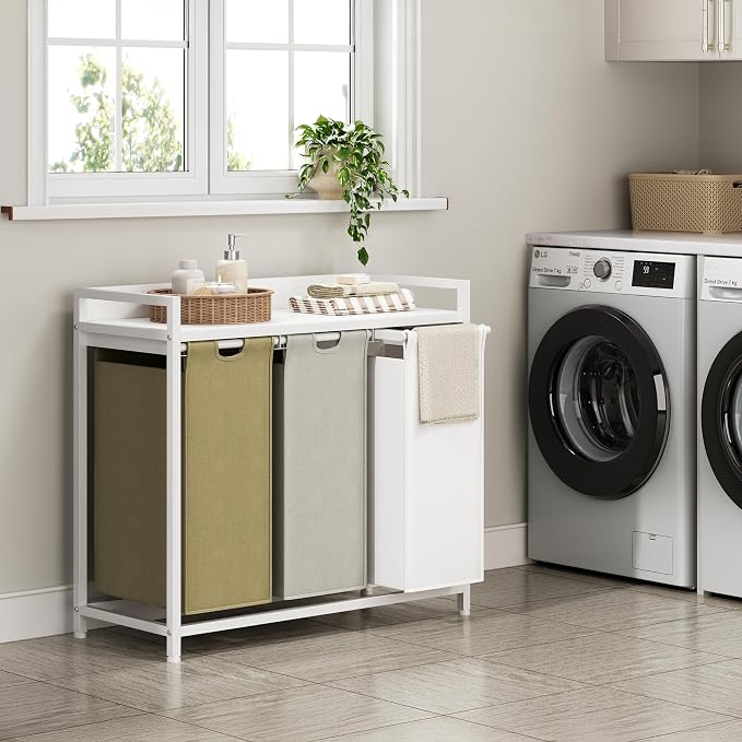 Herture Laundry Hampers with Shelf, Laundry Basket 3 Section, Laundry Sorter with Pull-Out Removable Large 3 Color Bags and Movable Wheels, Metal Frame, 3 x 15.87 Gallons (60L), White PF04XLE - Image 2