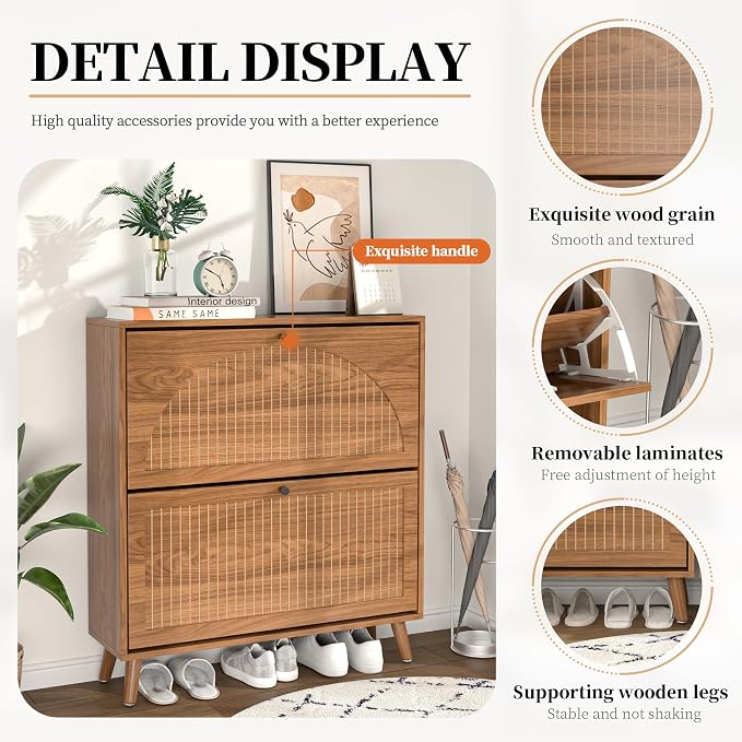 Fsbecl Shoe Storage Cabinet for Entryway with 2 Flip Drawers, Narrow Wood Shoe Cabinet with Fluted Panel, Freestanding Hidden Shoe Organizer for Foyer, Hallway (Walnut) - Image 4