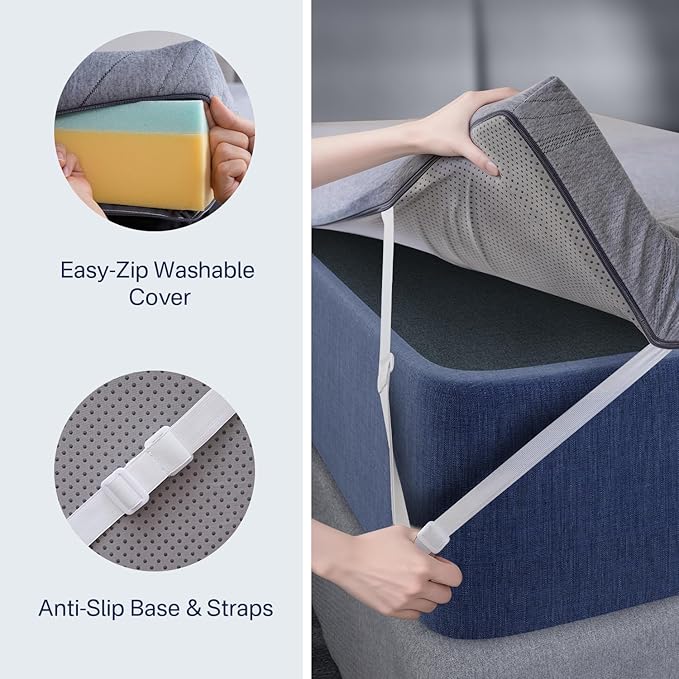 4 Inch Firm Mattress Topper Queen, Cooling Gel Memory Foam Mattress Topper for Back Pain Relief, High Density Ventilated Bed Topper with Breathable Cover & Non-Slip Straps, CertiPUR-US